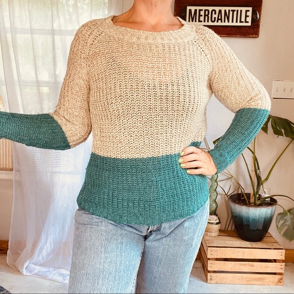 John + Jenn Color Block Lightweight Teal Retro Style Boxy Sweater size Small - Picture 6 of 14